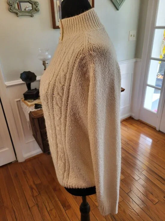 Karen Scott Vintage 90's Mock Neck Cable Knit Sweater Pearl Buttons PM Preppy - Picture 5 of 8